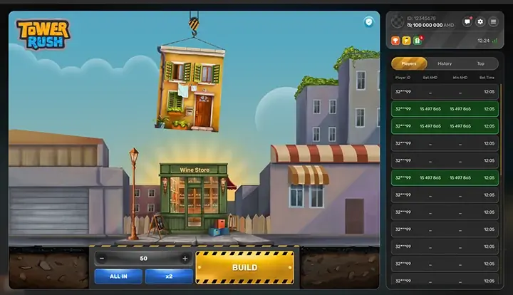 Tower Rush Game — rozgrywka crash z budowaniem wieży i mnożnikami